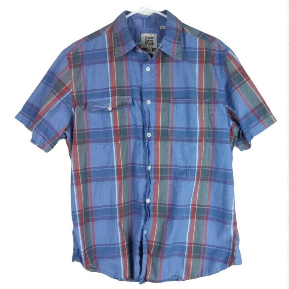 Paper Denim & Cloth Mens Short Sleeve Tartan Plaid Shirt Blue Large Button Front